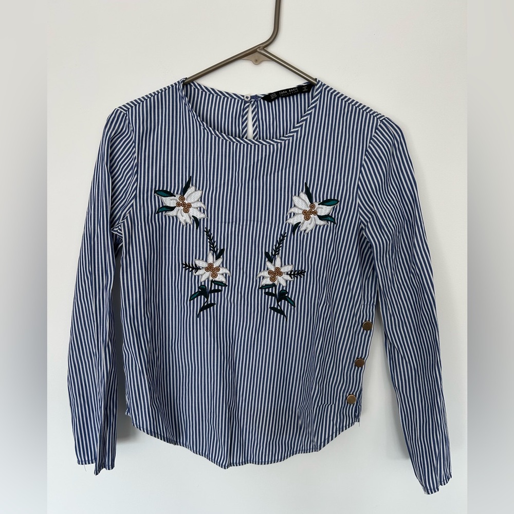 ZARA Striped Blue Floral Embroidered Blouse Size XS